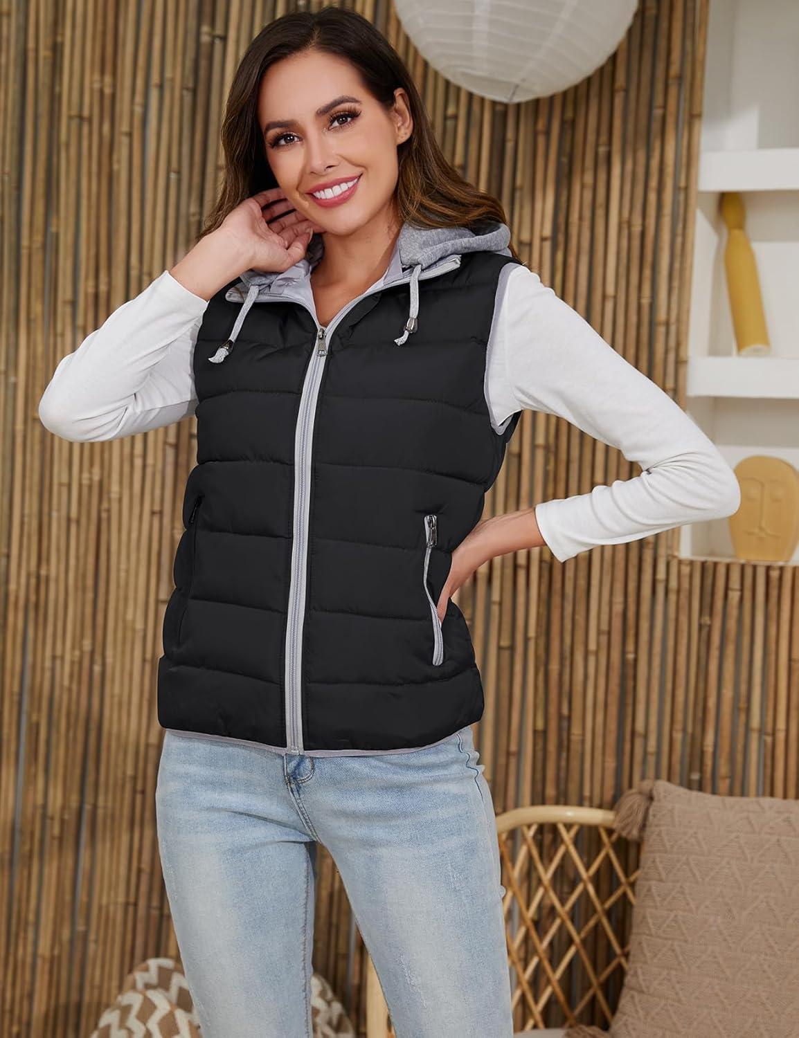 imageGihuo Womens Puffer Vest Zip Up Quilted Padded Winter Hooded Vest Warm Jacket Outerwear VestBlacknew