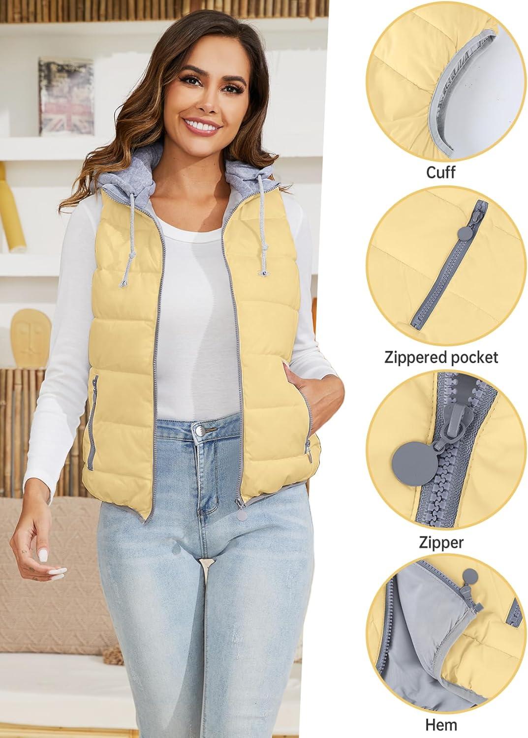 imageGihuo Womens Puffer Vest Zip Up Quilted Padded Winter Hooded Vest Warm Jacket Outerwear VestKhaki