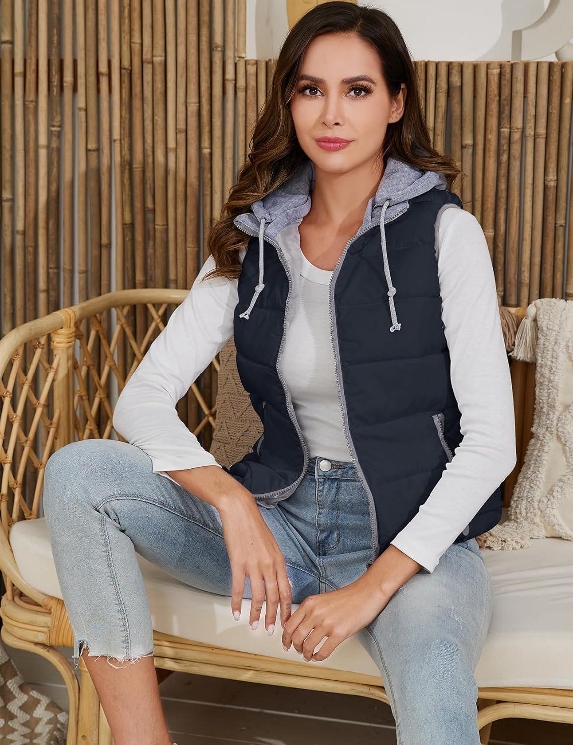 imageGihuo Womens Puffer Vest Zip Up Quilted Padded Winter Hooded Vest Warm Jacket Outerwear VestNavy