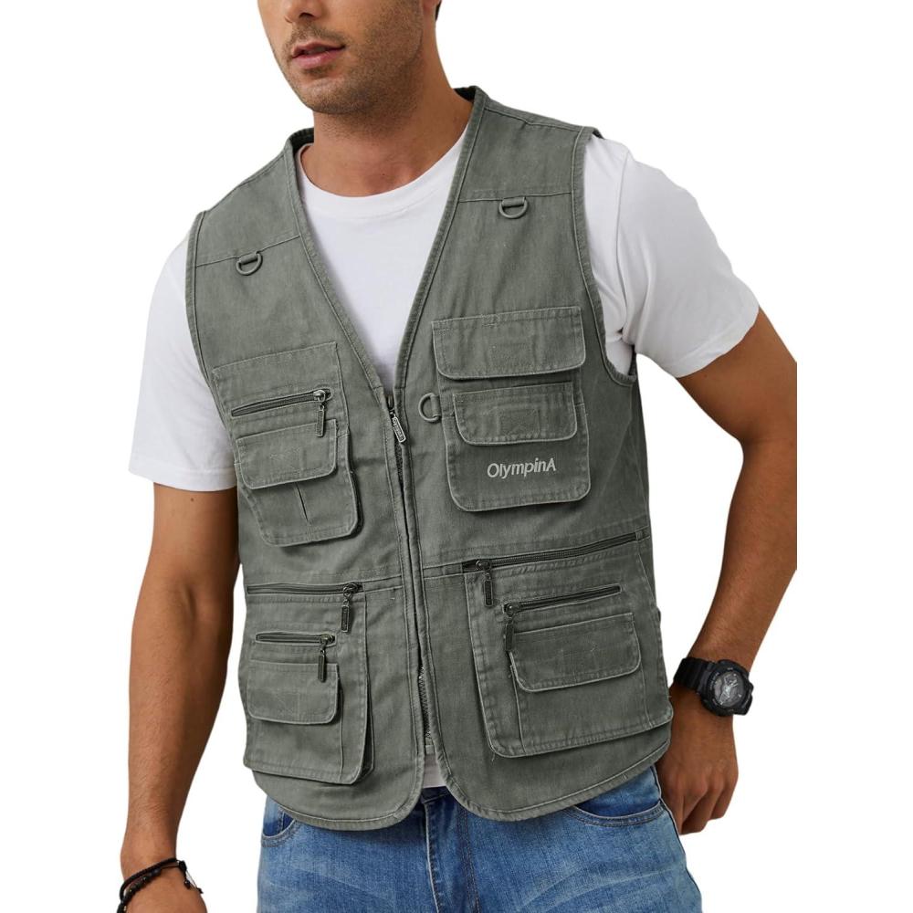 imageGihuo Mens Fishing Vest Casual Utility Travel Safari Cargo Outdoor Work Photo Fly Vest Jacket with Multi PocketsArmy Green
