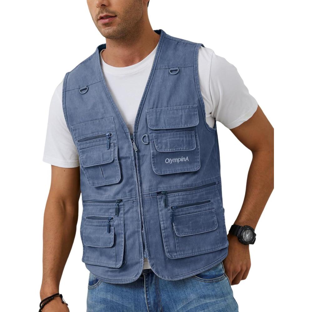 imageGihuo Mens Fishing Vest Casual Utility Travel Safari Cargo Outdoor Work Photo Fly Vest Jacket with Multi PocketsBlue