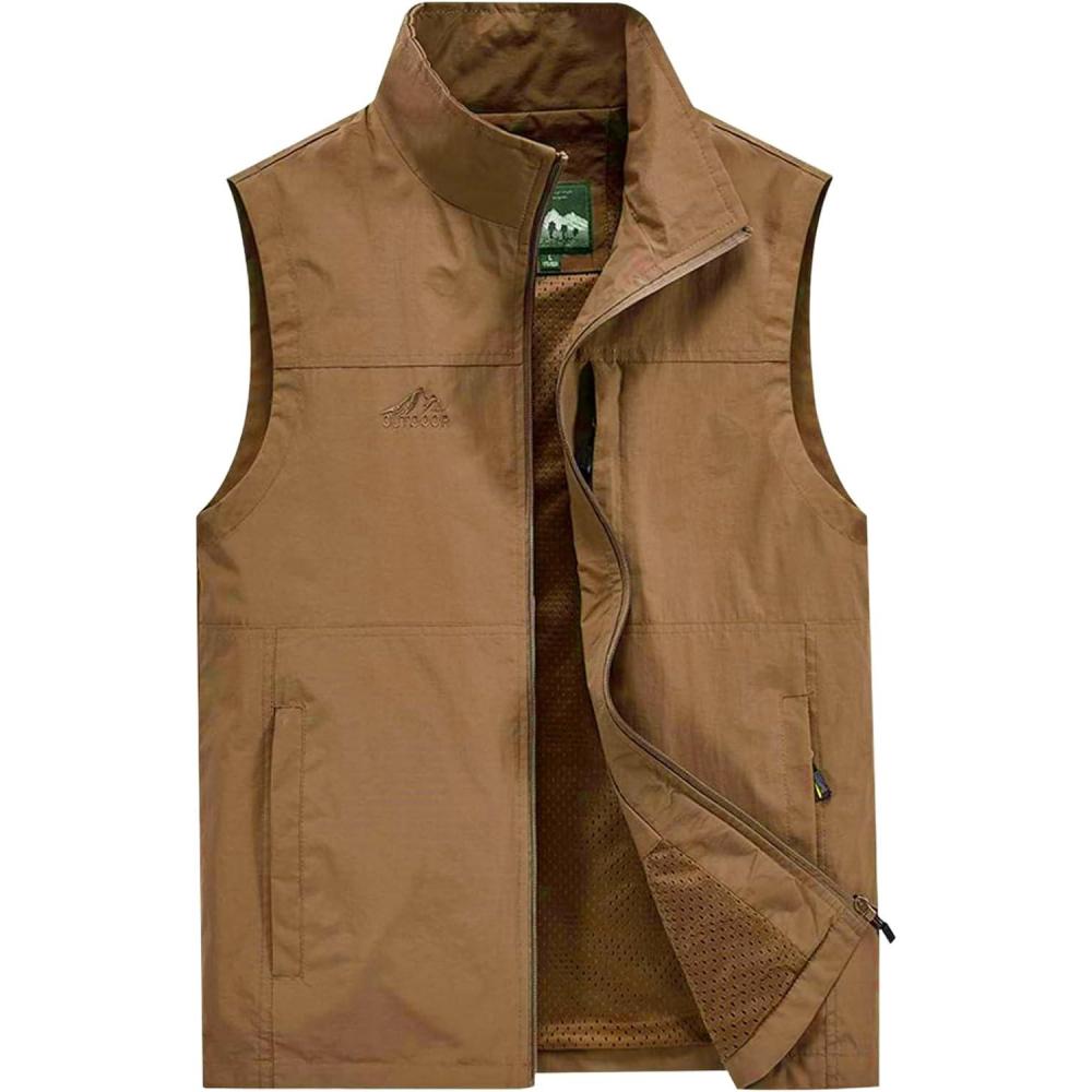 imageGihuo Mens Fishing Vest Utility Vest Casual Outdoor Quick Dry Safari Travel Golf Vest Work VestKhaki