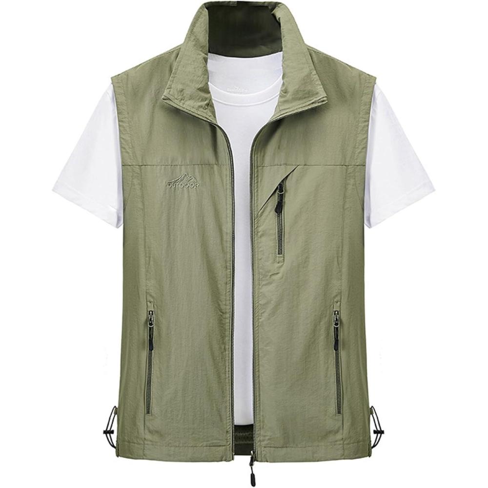 imageGihuo Mens Lightweight Softshell Sleeveless Golf Vest with Zipper Pockets for Travel Hiking Fishing Safari OutwearKhaki