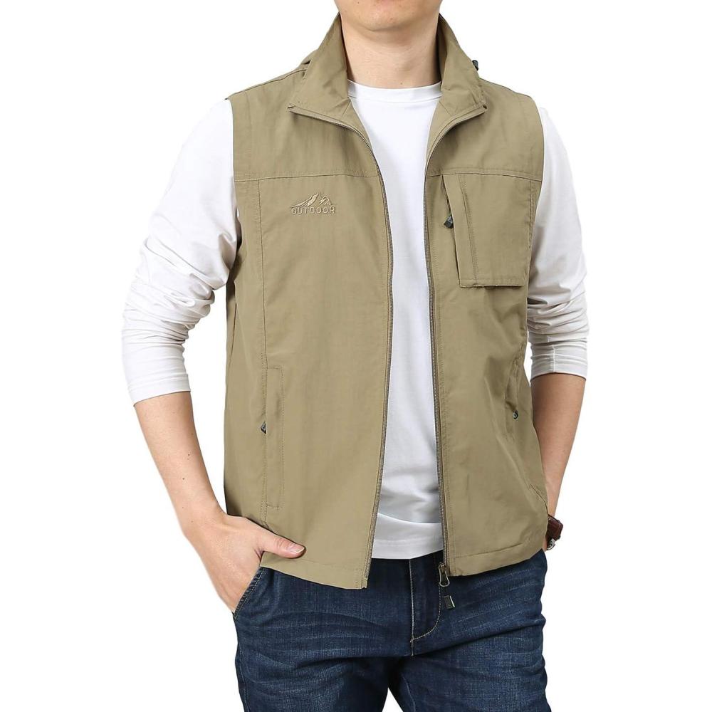 imageGihuo Mens Lightweight Softshell Sleeveless Golf Vest with Zipper Pockets for Travel Hiking Fishing Safari OutwearKhaki4