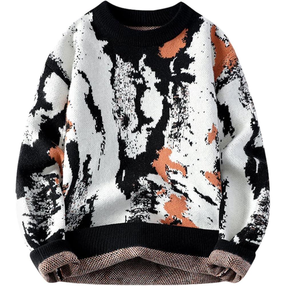 imageGihuo Mens Sweater Vintage Cow Printed Sweater Pullover Sweaters Crewneck Oversized Kawaii Sweater Knit Tops JumperBblack