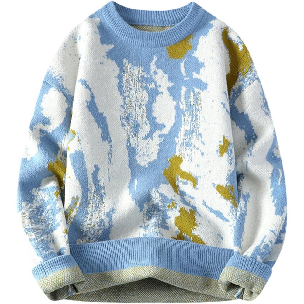 imageGihuo Mens Sweater Vintage Cow Printed Sweater Pullover Sweaters Crewneck Oversized Kawaii Sweater Knit Tops JumperBblue