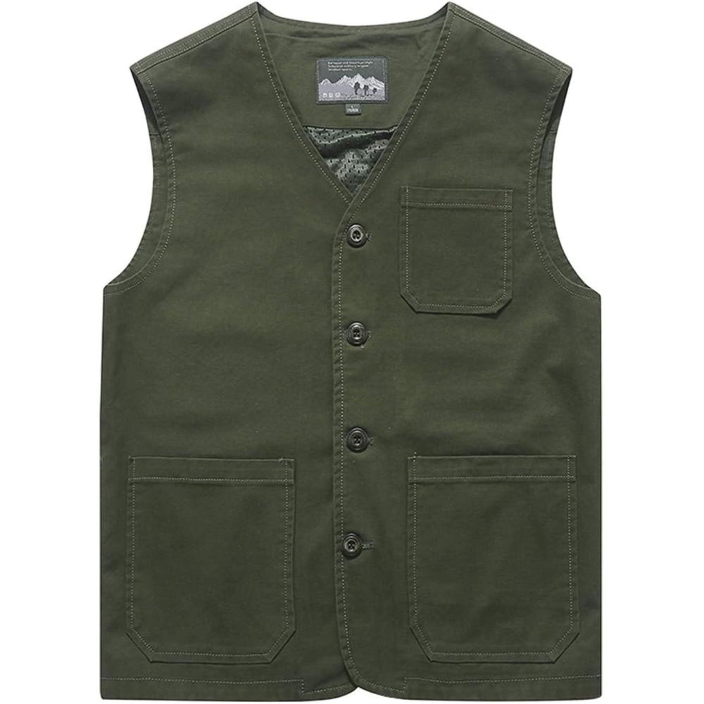 imageGihuo Mens Travel Vest Casual Outdoor MultiPocket VNeck Button Cotton Workwear VestArmy Green