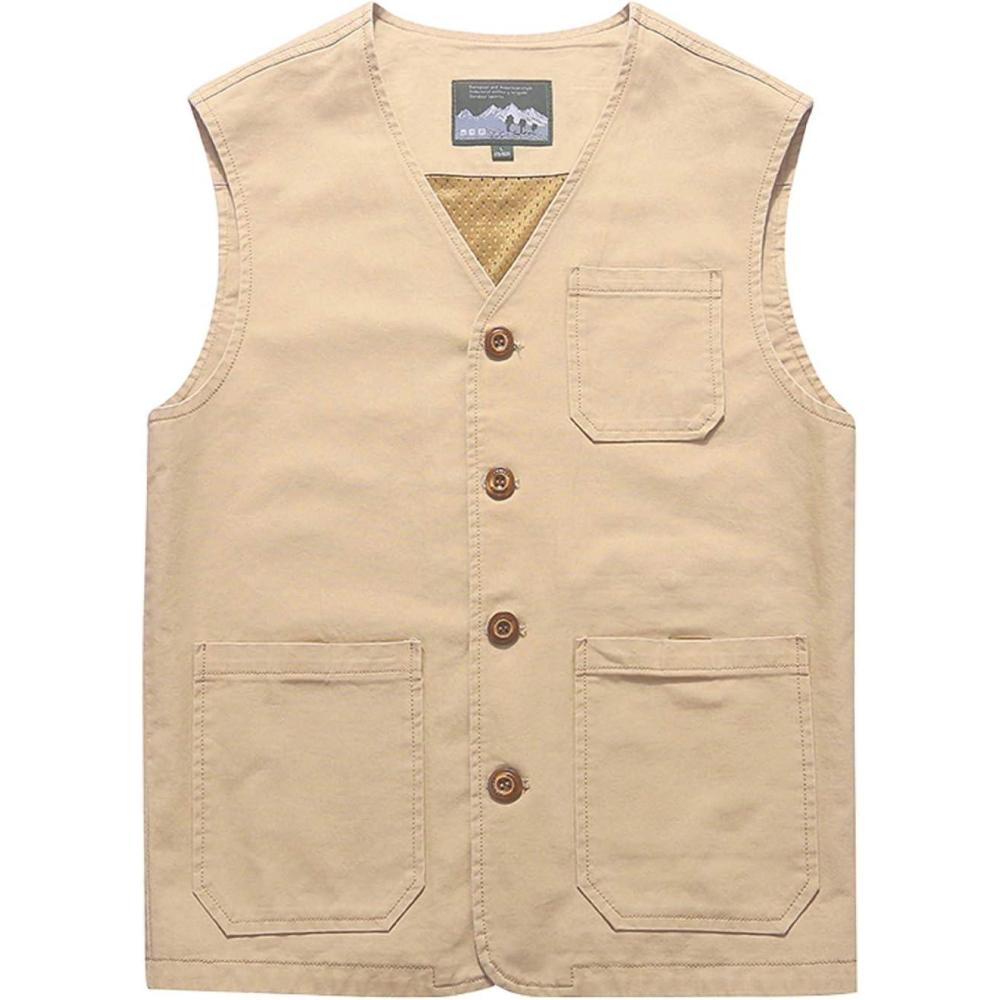 imageGihuo Mens Travel Vest Casual Outdoor MultiPocket VNeck Button Cotton Workwear VestBeige