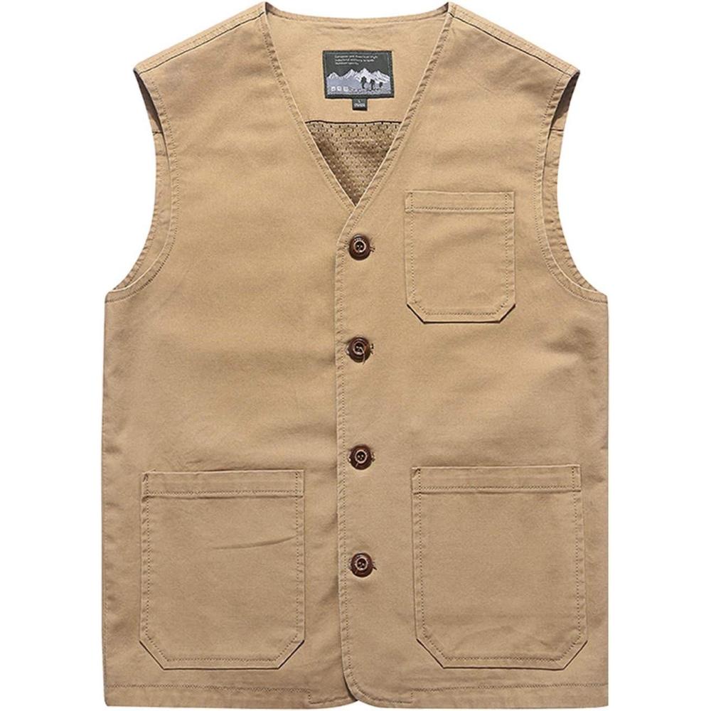 imageGihuo Mens Travel Vest Casual Outdoor MultiPocket VNeck Button Cotton Workwear VestKhaki