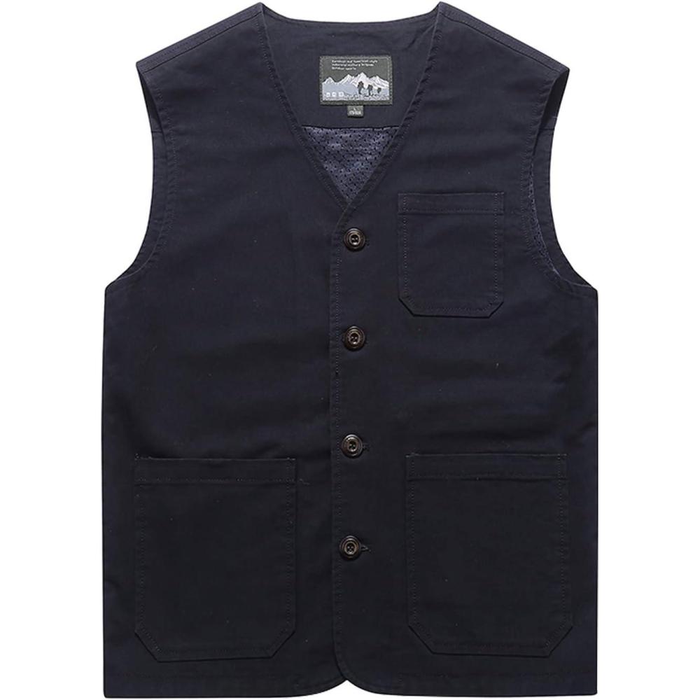 imageGihuo Mens Travel Vest Casual Outdoor MultiPocket VNeck Button Cotton Workwear VestNavy