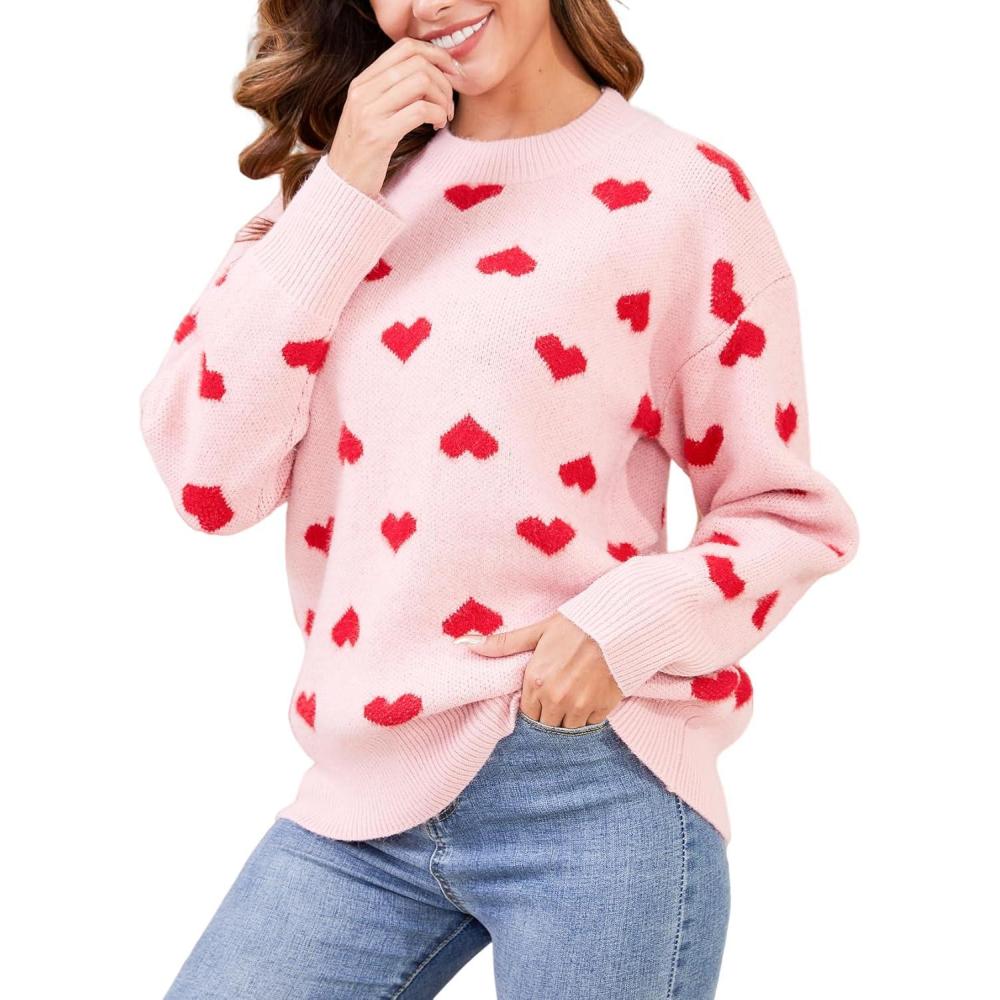 imageGihuo Valentine Heart Sweater for Women Cute Kawaii Casual Crewneck Knitted PulloverBeige