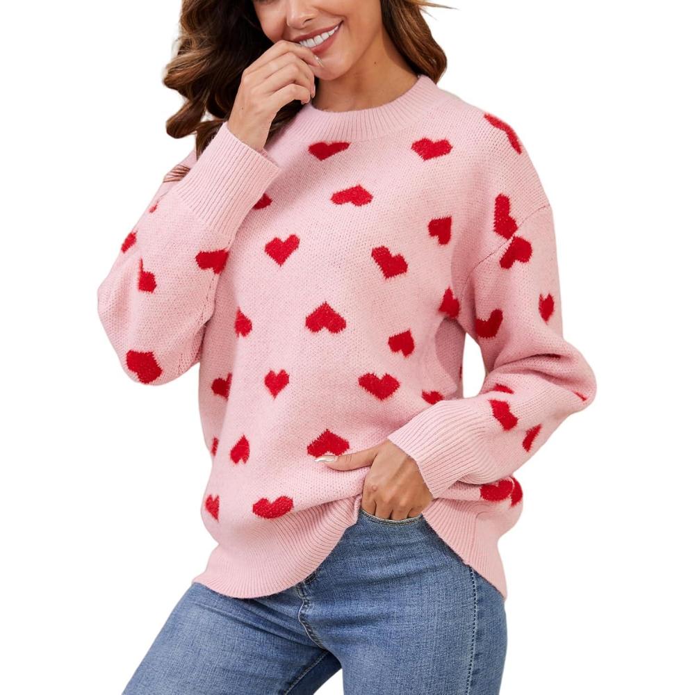 imageGihuo Valentine Heart Sweater for Women Cute Kawaii Casual Crewneck Knitted PulloverPink