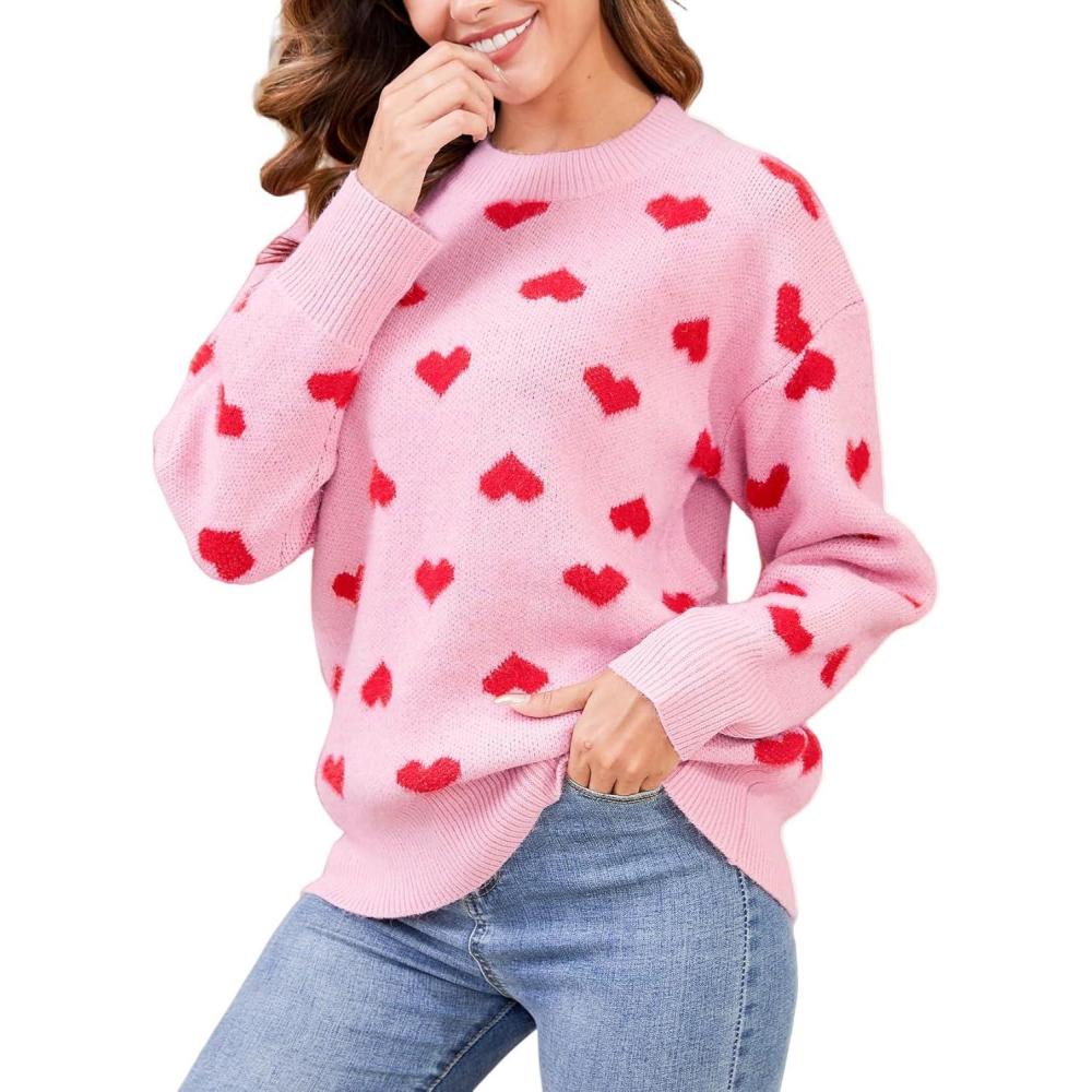 imageGihuo Valentine Heart Sweater for Women Cute Kawaii Casual Crewneck Knitted PulloverRosered