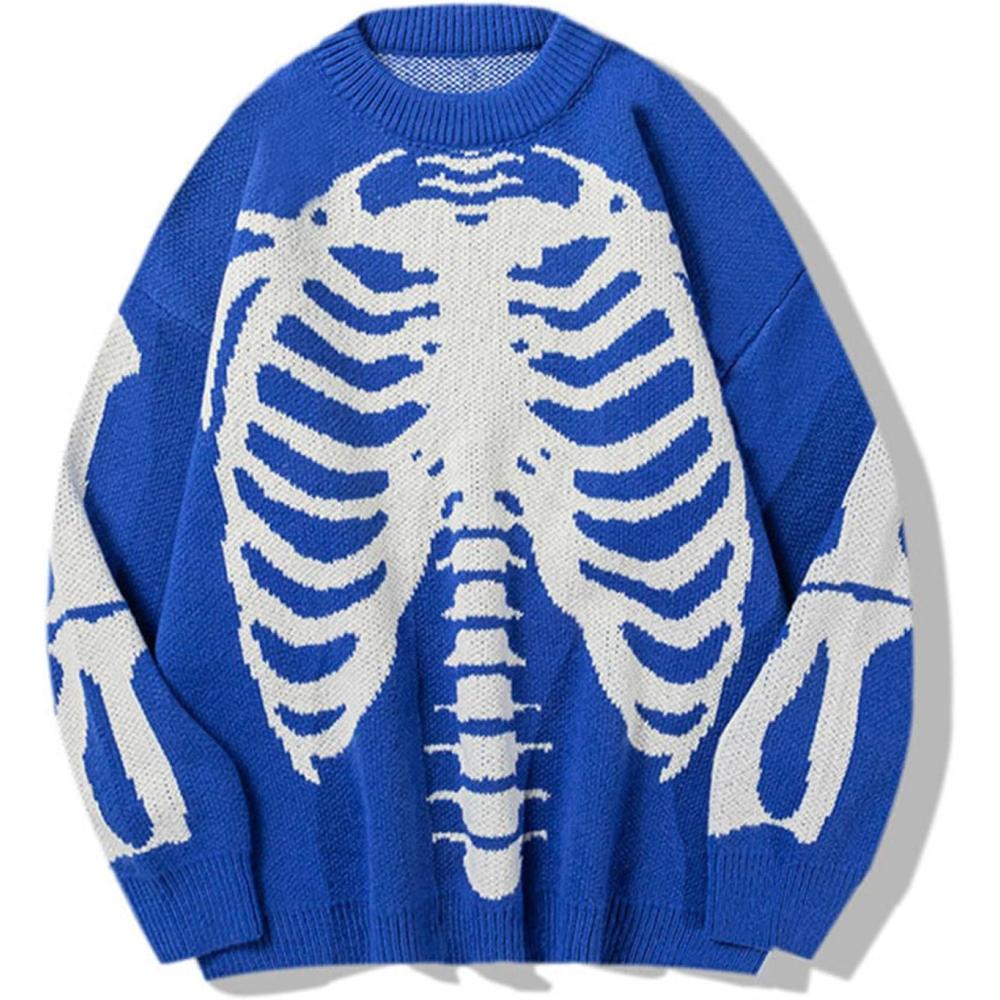 imageGihuo Women Dinosaur Oversized Sweater Graphic Crewneck Knitted Pullover Casual Loose Fit Jumper TopsBlueskeleton