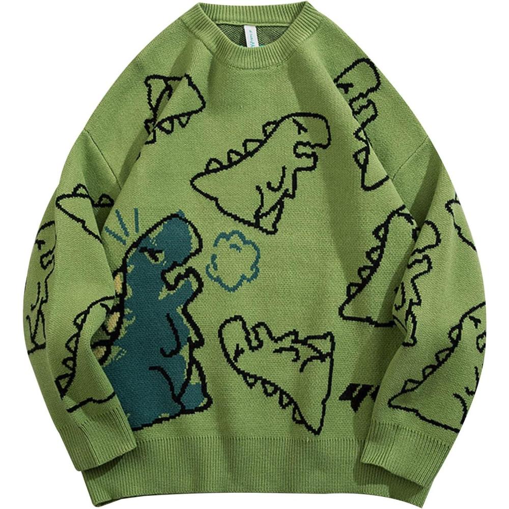 imageGihuo Women Dinosaur Oversized Sweater Graphic Crewneck Knitted Pullover Casual Loose Fit Jumper TopsGreen