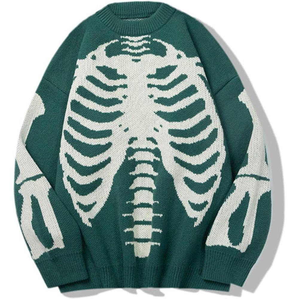 imageGihuo Women Dinosaur Oversized Sweater Graphic Crewneck Knitted Pullover Casual Loose Fit Jumper TopsGreenskeleton