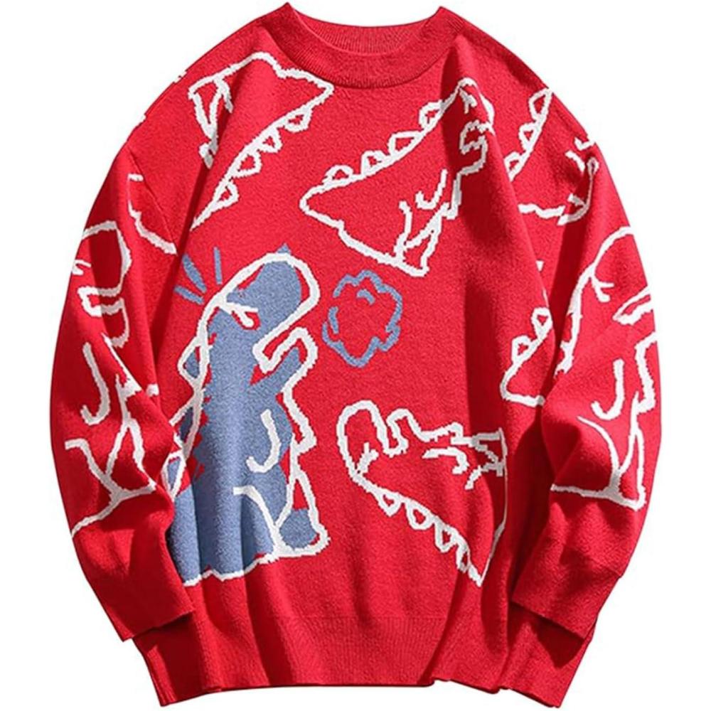 imageGihuo Women Dinosaur Oversized Sweater Graphic Crewneck Knitted Pullover Casual Loose Fit Jumper TopsRed
