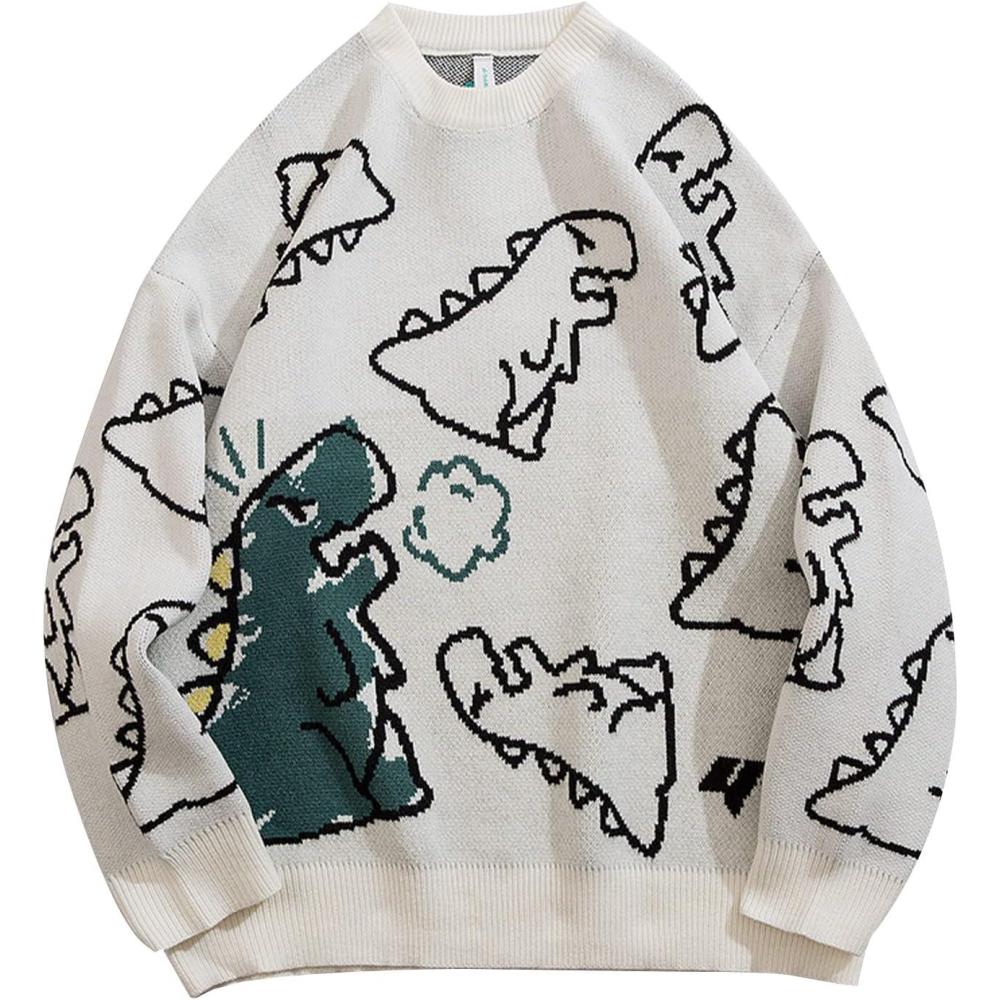 imageGihuo Women Dinosaur Oversized Sweater Graphic Crewneck Knitted Pullover Casual Loose Fit Jumper TopsWhite