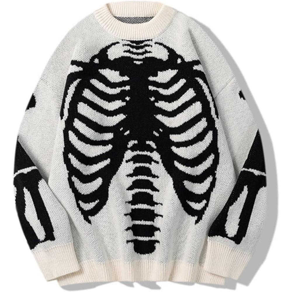imageGihuo Women Dinosaur Oversized Sweater Graphic Crewneck Knitted Pullover Casual Loose Fit Jumper TopsWhiteskeleton