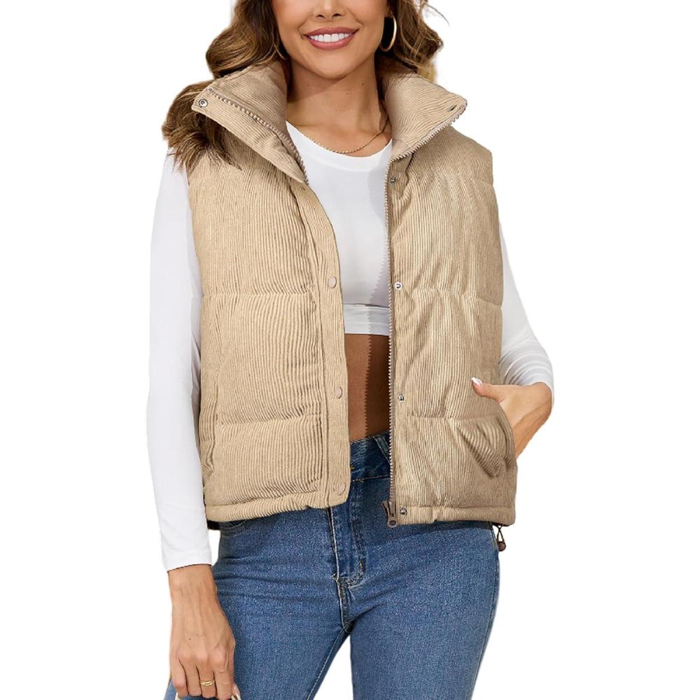 imageGihuo Womens Corduroy Puffer Vest Stand Collar Zip Up Padded Vests Sleeveless Quilted Jackets Snap Gilet with PocketsKhaki