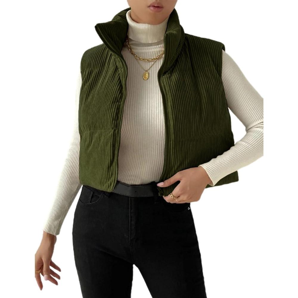 imageGihuo Womens Cropped Puffer Vest Corduroy Zip Up VestsArmygreen