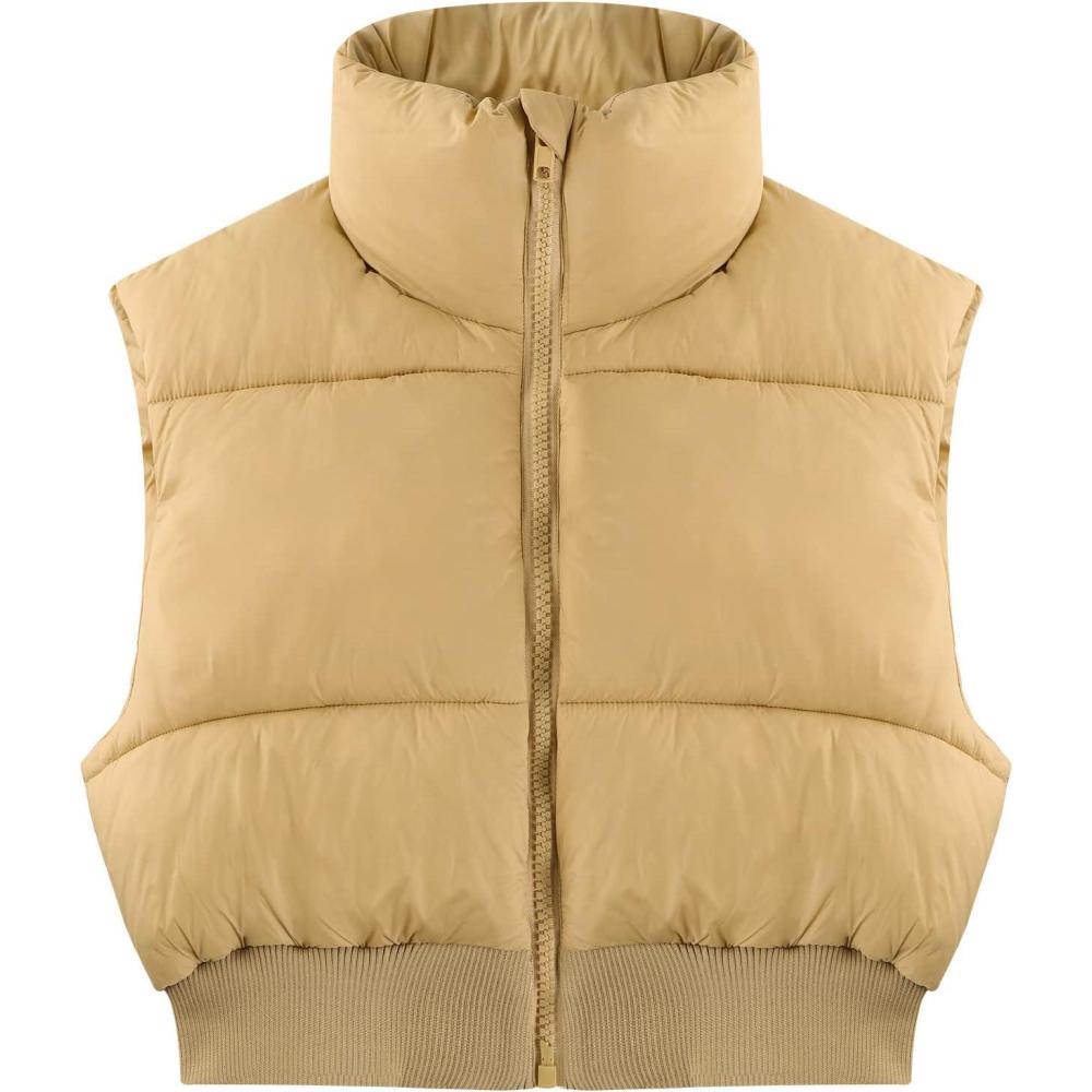 imageGihuo Womens Cropped Puffer Vest Sleeveless Puffer Jacket Padded Gilet Outerwear Winter Full Zip Lightweight CoatKhaki