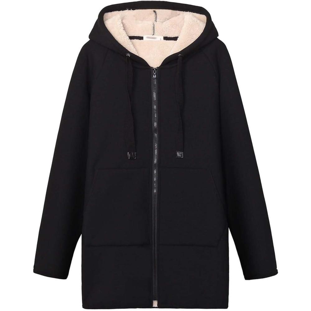 imageGihuo Womens Winter Coat Sherpa Lined Zip Hoodie Long Sweatshirt Warm Fleece Lining Heavyweight Hooded Jacket Black Medium