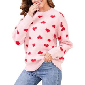 Gihuo Heart Sweater for Women Cute Kawaii Casual Crewneck Long Sleeve Knitted Pullover Sweaters(Beige-S)