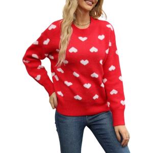 Gihuo Heart Sweater for Women Cute Kawaii Casual Crewneck Long Sleeve Knitted Pullover Sweaters(Red-S)