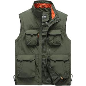 Gihuo Men’s Lightweight Softshell Sleeveless Golf Vest with Zipper Pockets for Travel Hiking Fishing Safari Outwear(Armygreen#3)