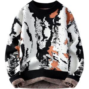 Gihuo Mens Sweater Vintage Cow Printed Sweater Pullover Sweaters Crewneck Oversized Kawaii Sweater Knit Tops Jumper(B-black)