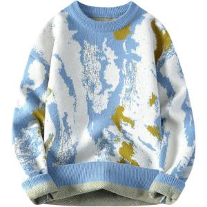 Gihuo Mens Sweater Vintage Cow Printed Sweater Pullover Sweaters Crewneck Oversized Kawaii Sweater Knit Tops Jumper(B-blue)