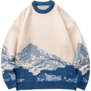 Gihuo Mens Sweater Vintage Cow Printed Sweater Pullover Sweaters Crewneck Oversized Kawaii Sweater Knit Tops Jumper(Blue)