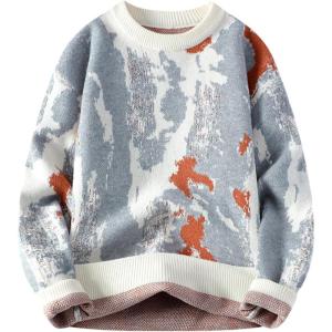 Gihuo Mens Sweater Vintage Cow Printed Sweater Pullover Sweaters Crewneck Oversized Kawaii Sweater Knit Tops Jumper(B-white)