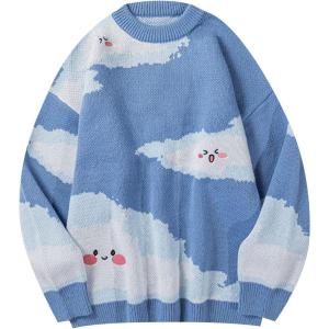 Gihuo Mens Sweater Vintage Cow Printed Sweater Pullover Sweaters Crewneck Oversized Kawaii Sweater Knit Tops Jumper(D-blue)