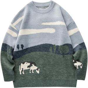 Gihuo Mens Sweater Vintage Cow Printed Sweater Pullover Sweaters Crewneck Oversized Kawaii Sweater Knit Tops Jumper(Grey)