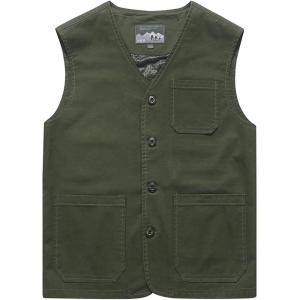 Gihuo Men’s Travel Vest Casual Outdoor Multi-Pocket V-Neck Button Cotton Workwear Vest(Army Green)