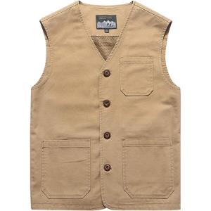 Gihuo Men’s Travel Vest Casual Outdoor Multi-Pocket V-Neck Button Cotton Workwear Vest(Khaki)