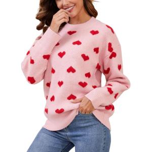 Gihuo Valentine Heart Sweater for Women Cute Kawaii Casual Crewneck Knitted Pullover(Pink)