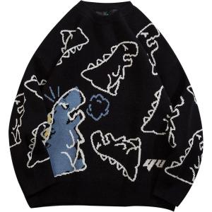 Gihuo Women Dinosaur Oversized Sweater Graphic Crewneck Knitted Pullover Casual Loose Fit Jumper Tops(Black)
