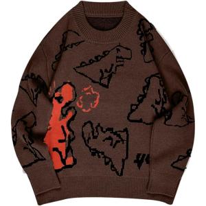 Gihuo Women Dinosaur Oversized Sweater Graphic Crewneck Knitted Pullover Casual Loose Fit Jumper Tops(Brown)