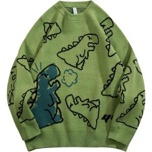 Gihuo Women Dinosaur Oversized Sweater Graphic Crewneck Knitted Pullover Casual Loose Fit Jumper Tops(Green)