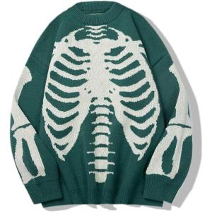 Gihuo Women Dinosaur Oversized Sweater Graphic Crewneck Knitted Pullover Casual Loose Fit Jumper Tops(Greenskeleton)