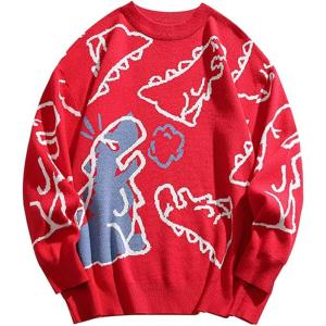 Gihuo Women Dinosaur Oversized Sweater Graphic Crewneck Knitted Pullover Casual Loose Fit Jumper Tops(Red)
