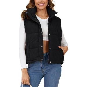 Gihuo Women’s Corduroy Puffer Vest Stand Collar Zip Up Padded Vests Sleeveless Quilted Jackets Snap Gilet with Pockets(Black)