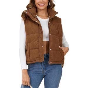 Gihuo Women’s Corduroy Puffer Vest Stand Collar Zip Up Padded Vests Sleeveless Quilted Jackets Snap Gilet with Pockets(Brown)