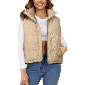 Gihuo Women’s Corduroy Puffer Vest Stand Collar Zip Up Padded Vests Sleeveless Quilted Jackets Snap Gilet with Pockets(Khaki)