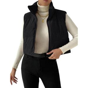 Gihuo Women’s Cropped Puffer Vest Corduroy Zip Up Vests(Black)