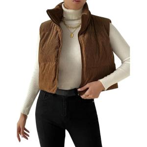 Gihuo Women’s Cropped Puffer Vest Corduroy Zip Up Vests(Brown)
