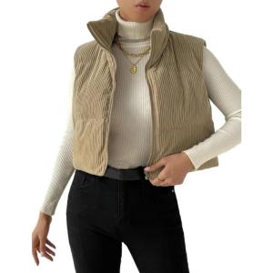 Gihuo Women’s Cropped Puffer Vest Corduroy Zip Up Vests(Khaki)